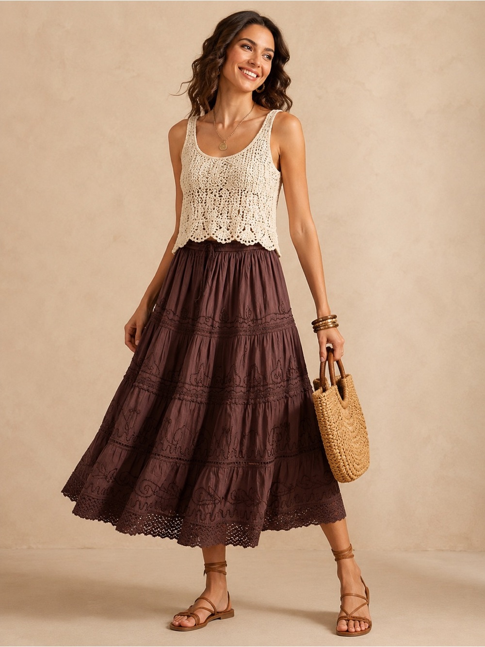 Advance Apparels Boho Embroidered Tiered Midi Skirt Brown Lace Hem Free Size